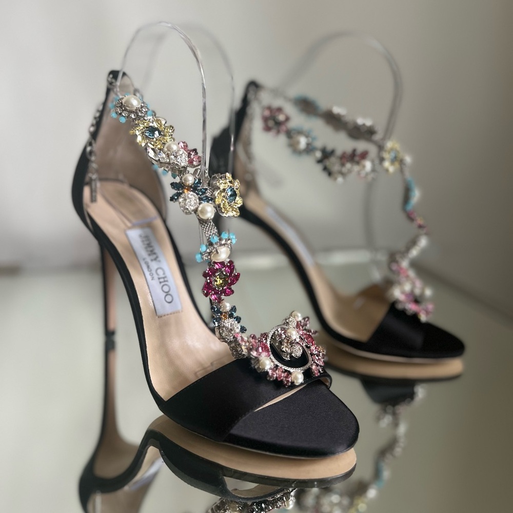 New JIMMY CHOO Reign 100 Satin Sandals With Camellia Mix Anklet $4,495 36 - Picture 8 of 16